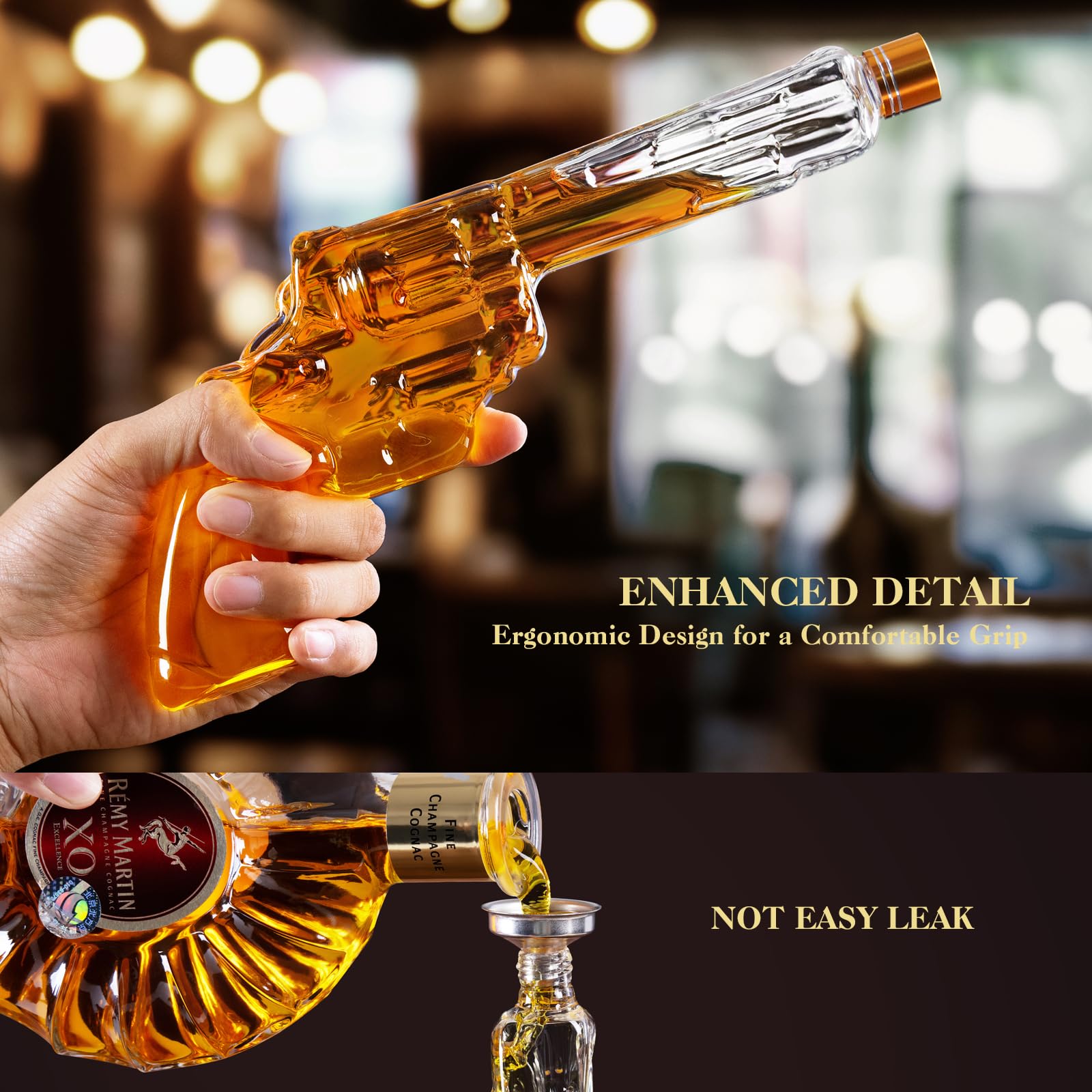 FrutPunch Gun whiskey decanter on display stand enhances home bar decor