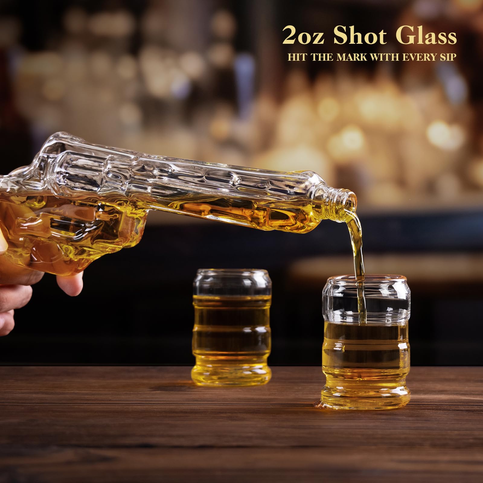FrutPunch Gun whiskey decanter set includes two tumblers for easy sharing