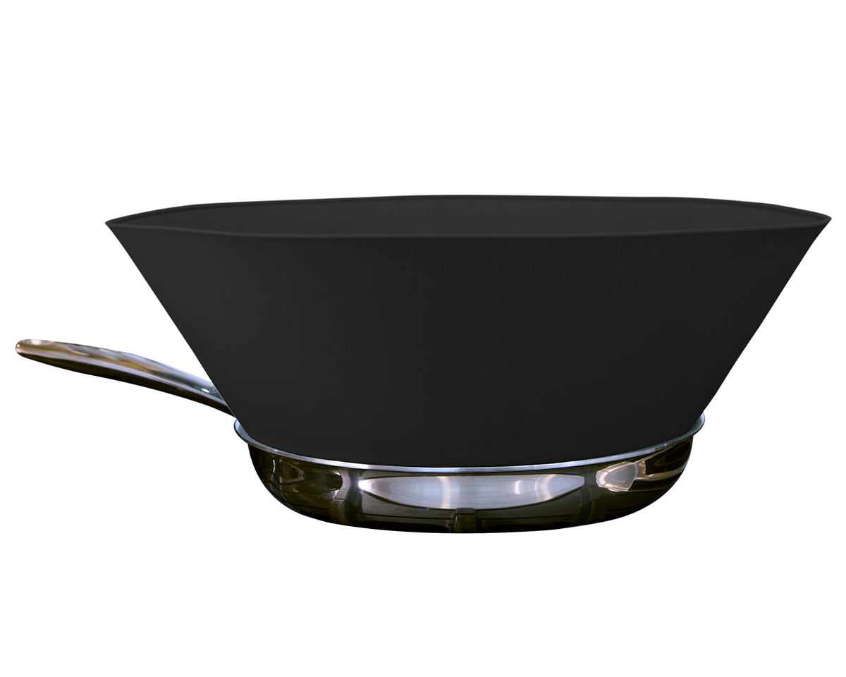 Frywall 10 medium splatter guard on pan enables mess-free cooking with full surface access.