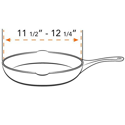 Frywall fit-check on a 12-inch pan shows sizing.