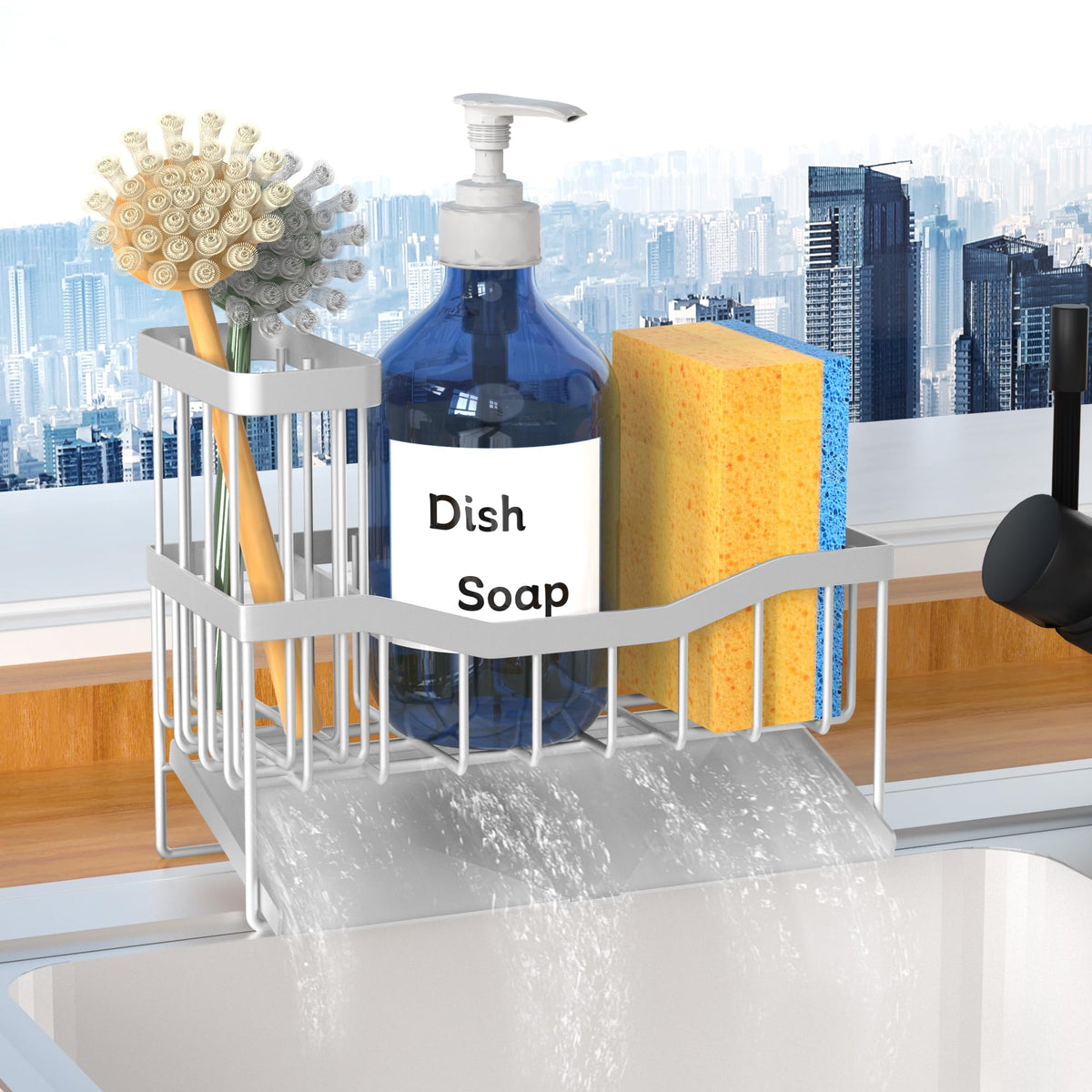 Fssvcd Maifan sink caddy with brush holder keeps kitchen counter dry.