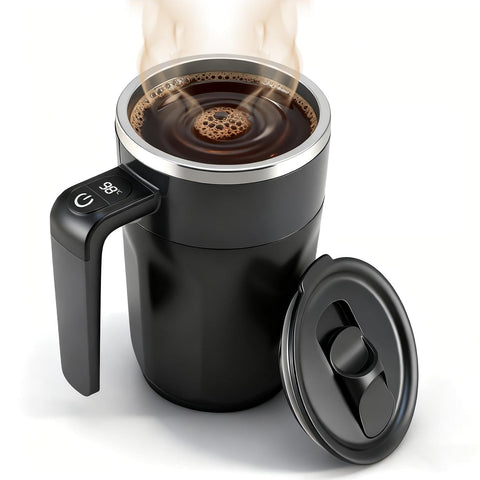 Ftutom temperature-display self-stirring mug front view shows heat monitor