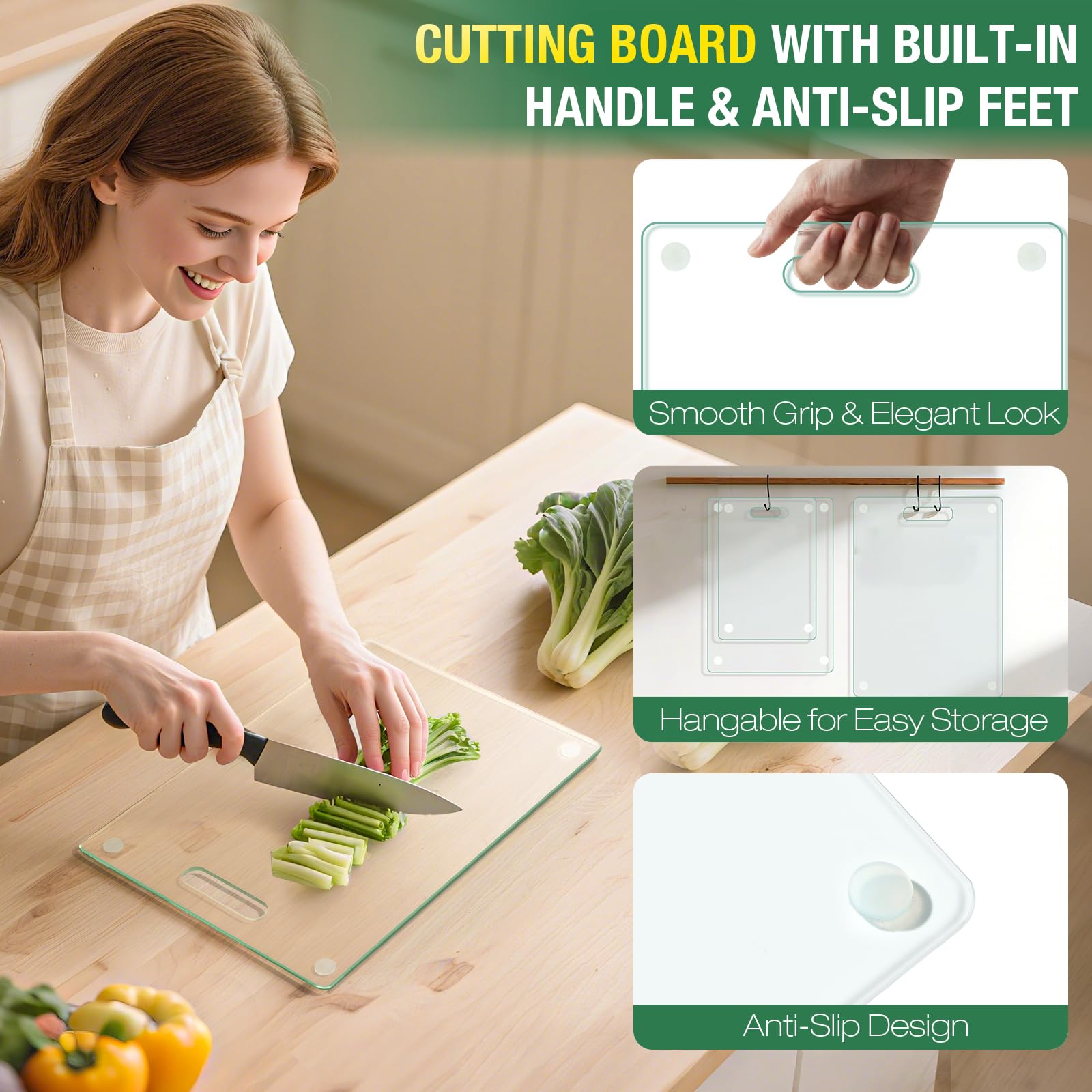 FUOAUYK 12x16 tempered glass board with handle for large ingredients