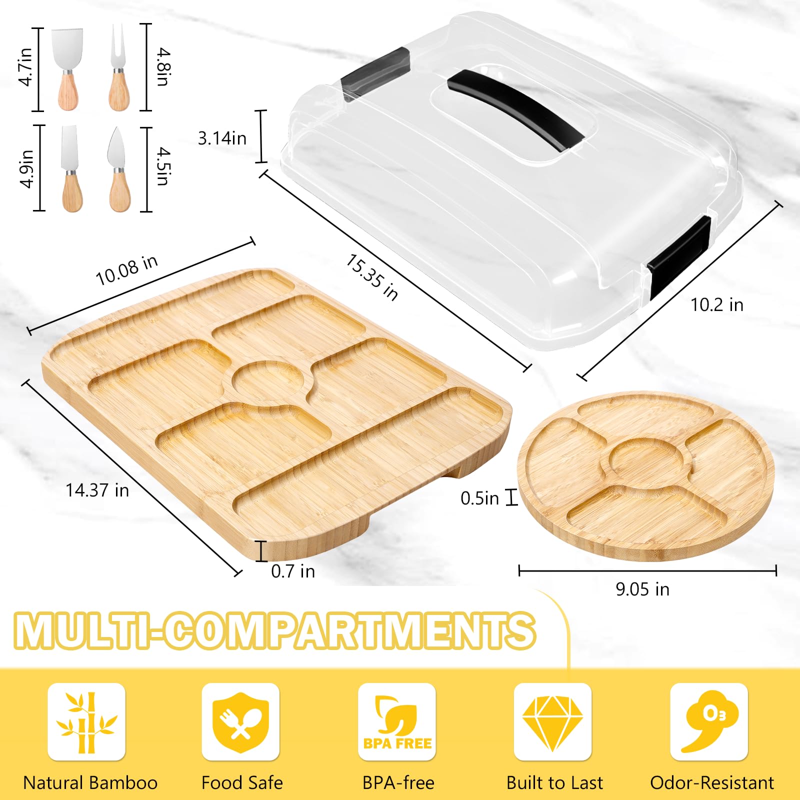 FuBegi portable charcuterie board with lid open showing seven compartments.