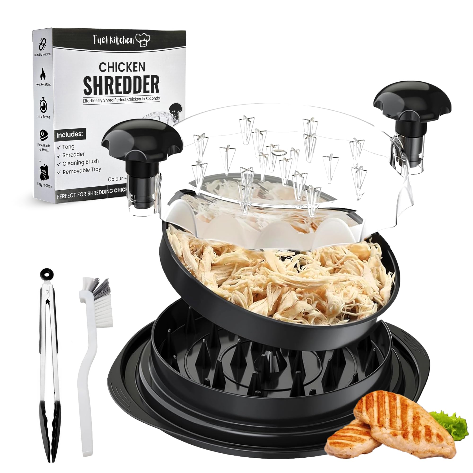 Fuel Kitchen large chicken shredder with transparent lid for quick shredding of cooked poultry.