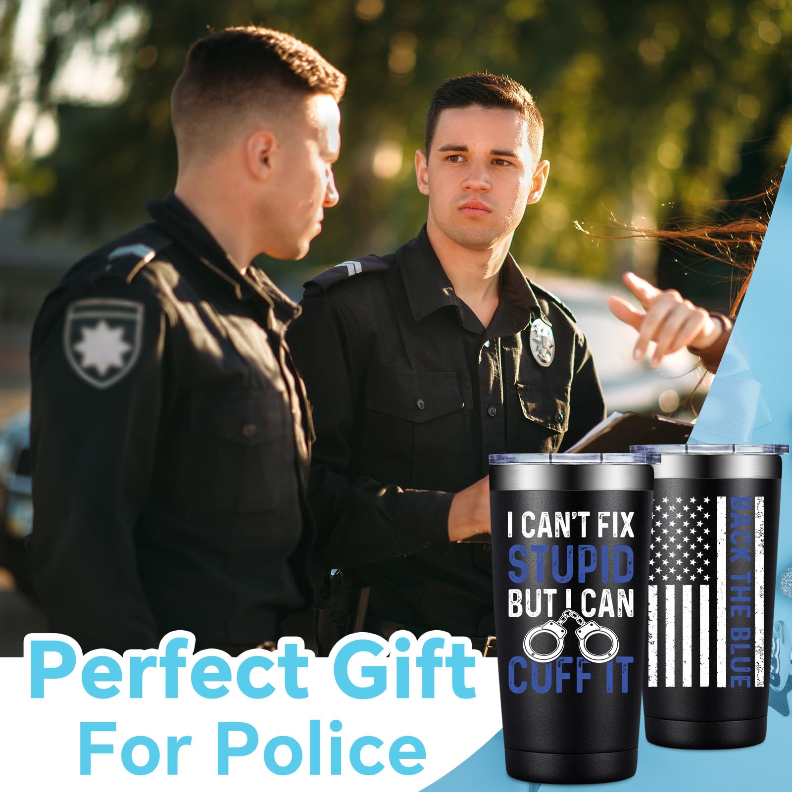 Fufandi police officer tumbler front view shows sleek stainless steel