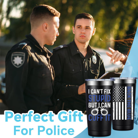 Fufandi police officer tumbler front view shows sleek stainless steel
