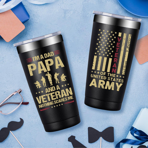 Fufandi Veteran Gifts double-wall insulated tumbler prevents condensation while keeping temps.