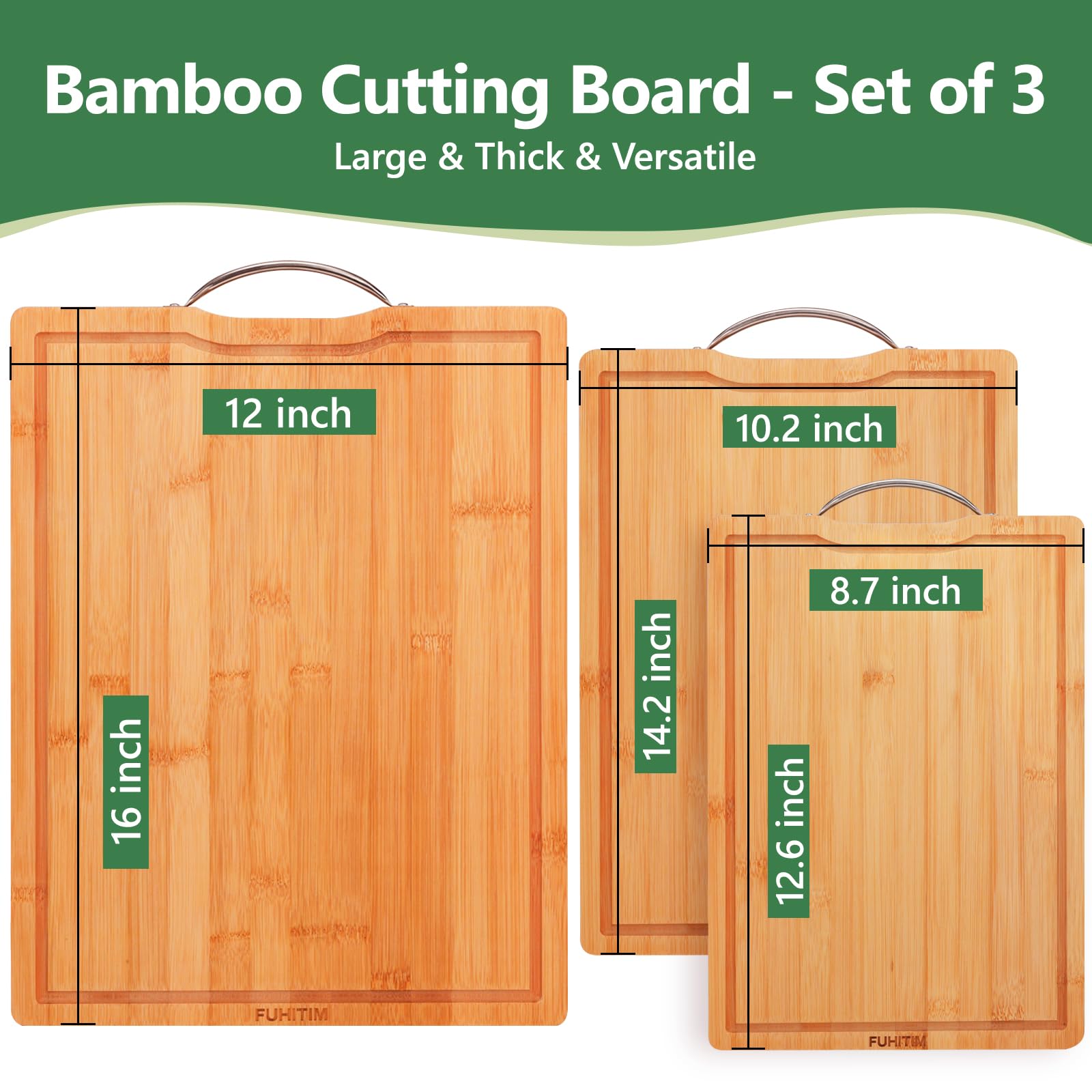FUHITIM Bamboo Cutting Board Double-Sided with Juice Grooves for clean chopping.