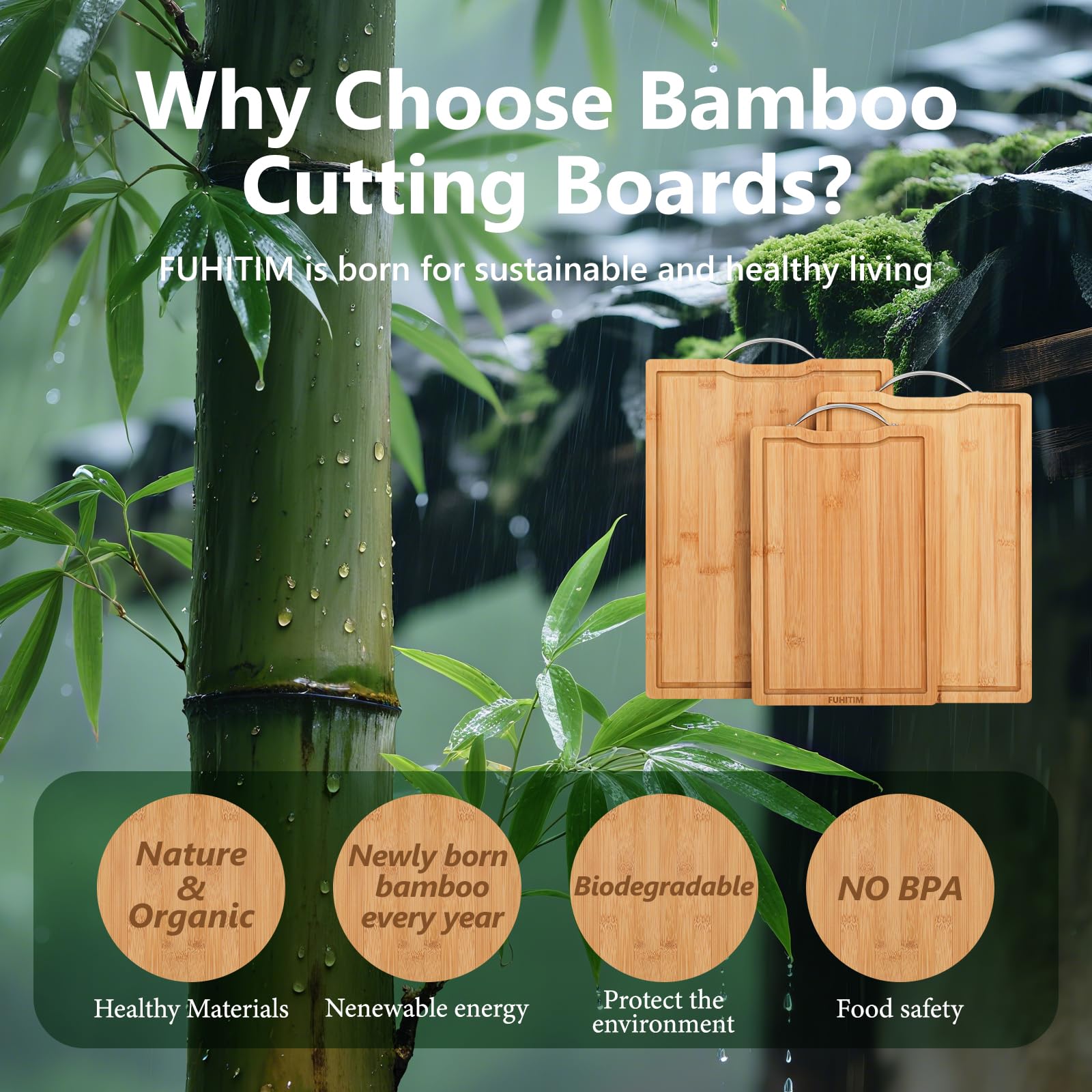 FUHITIM Bamboo Cutting Board Wide Handles for easy grip and transport.