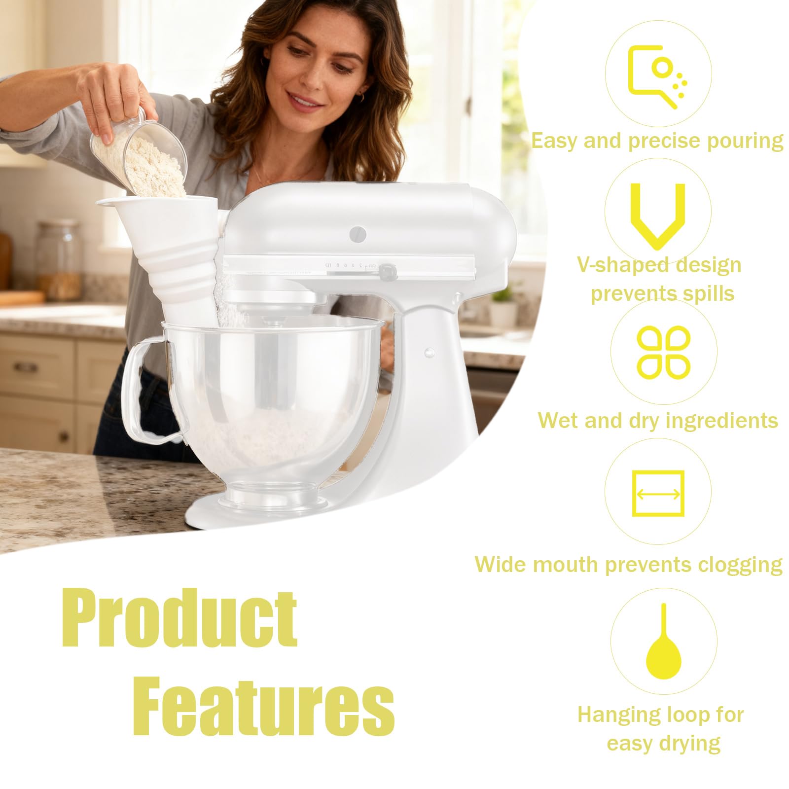 Fukaisu flour funnel fits KitchenAid KSM150 Artisan for smooth ingredient transfer
