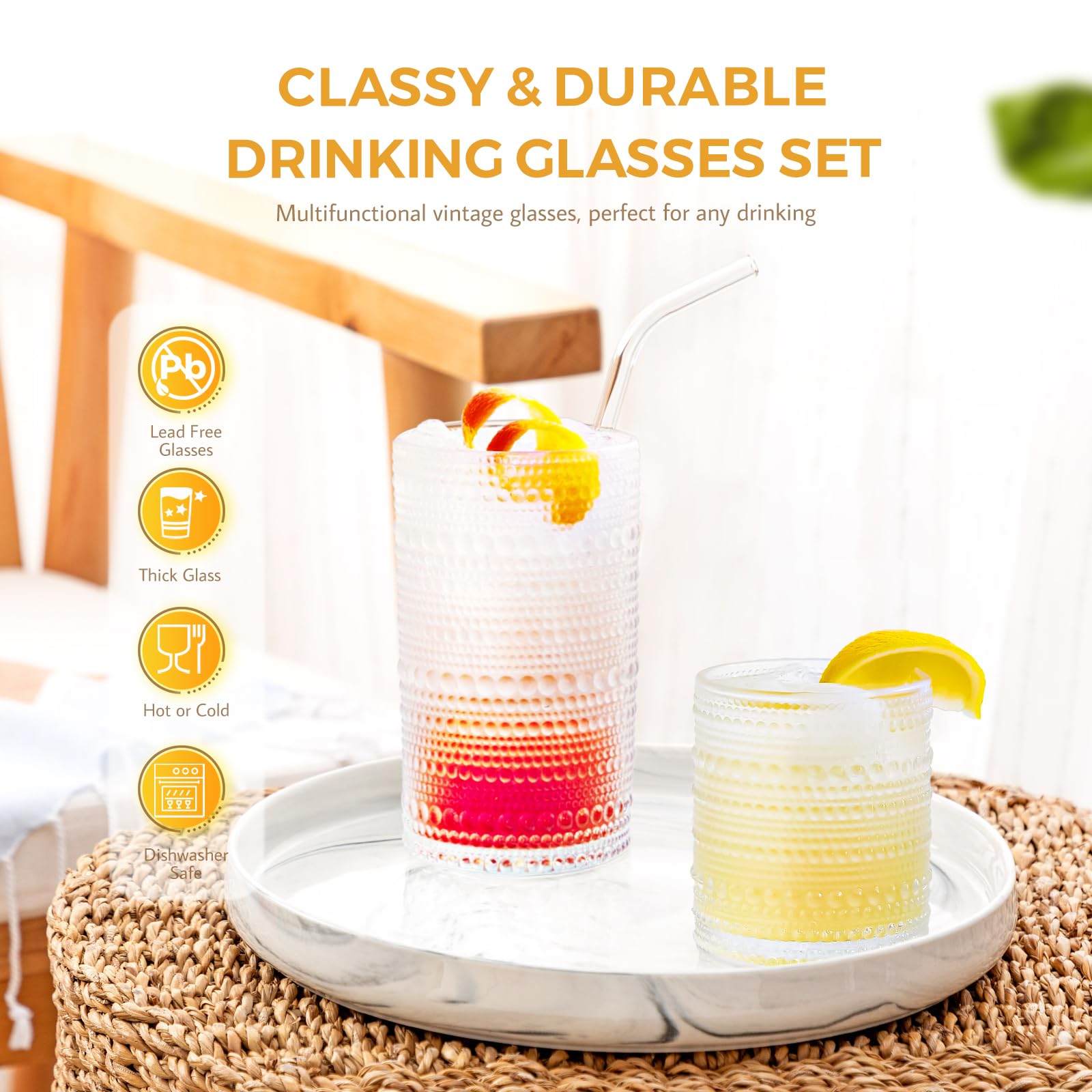 FULGNU Hobnail set on table highlighting durable, clear glassware.
