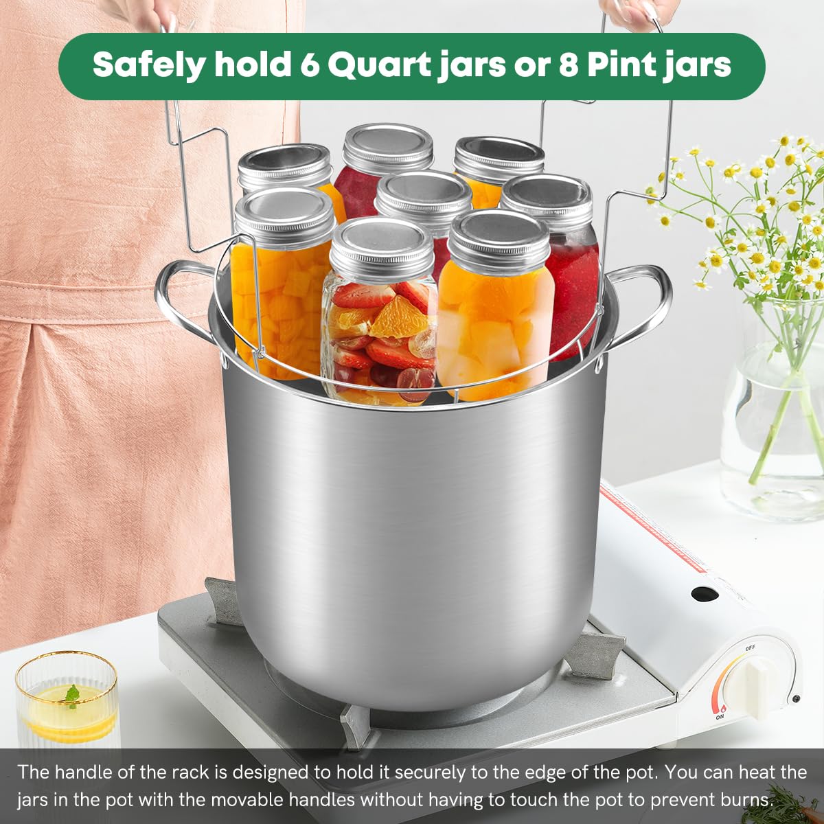 Fulgutonit stainless steel rack holds jars securely during processing.