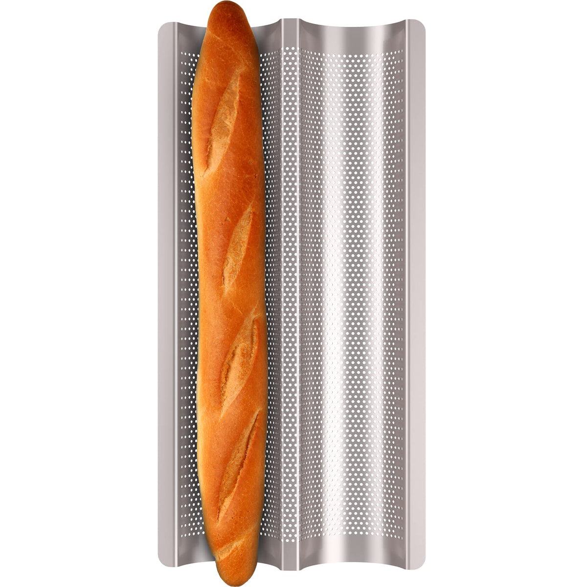 Fulimax baguette pan with two perforated slots for even browning and crust.
