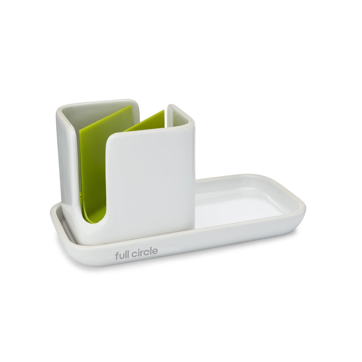 Full Circle Stash ceramic sink caddy keeps sponges neatly organized with a sleek finish.