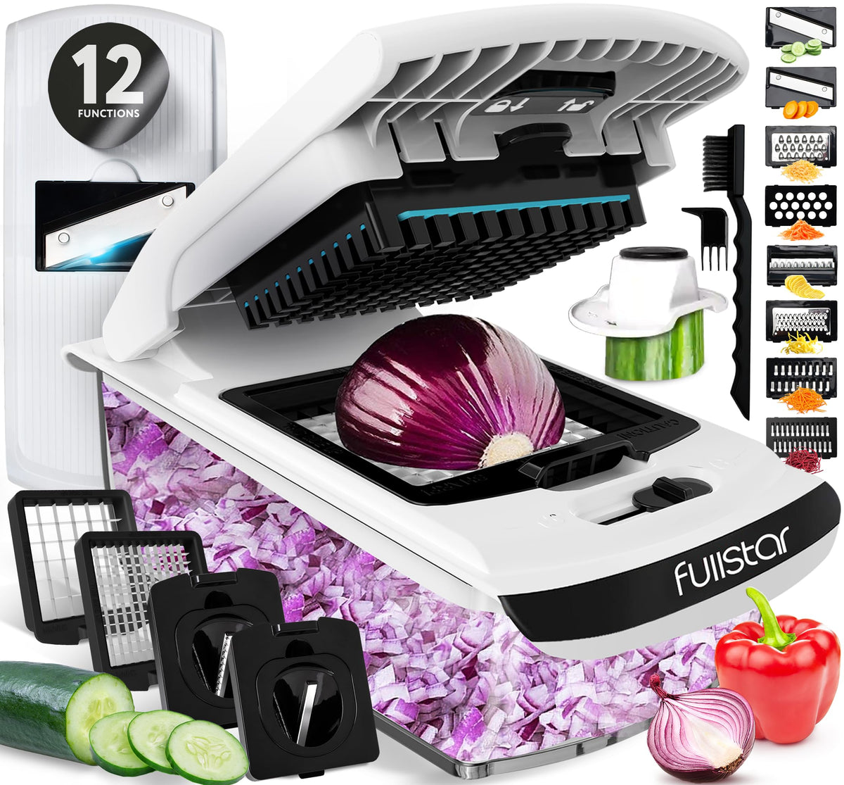 Fullstar 12-in-1 chopper blades for julienne and dice prep.