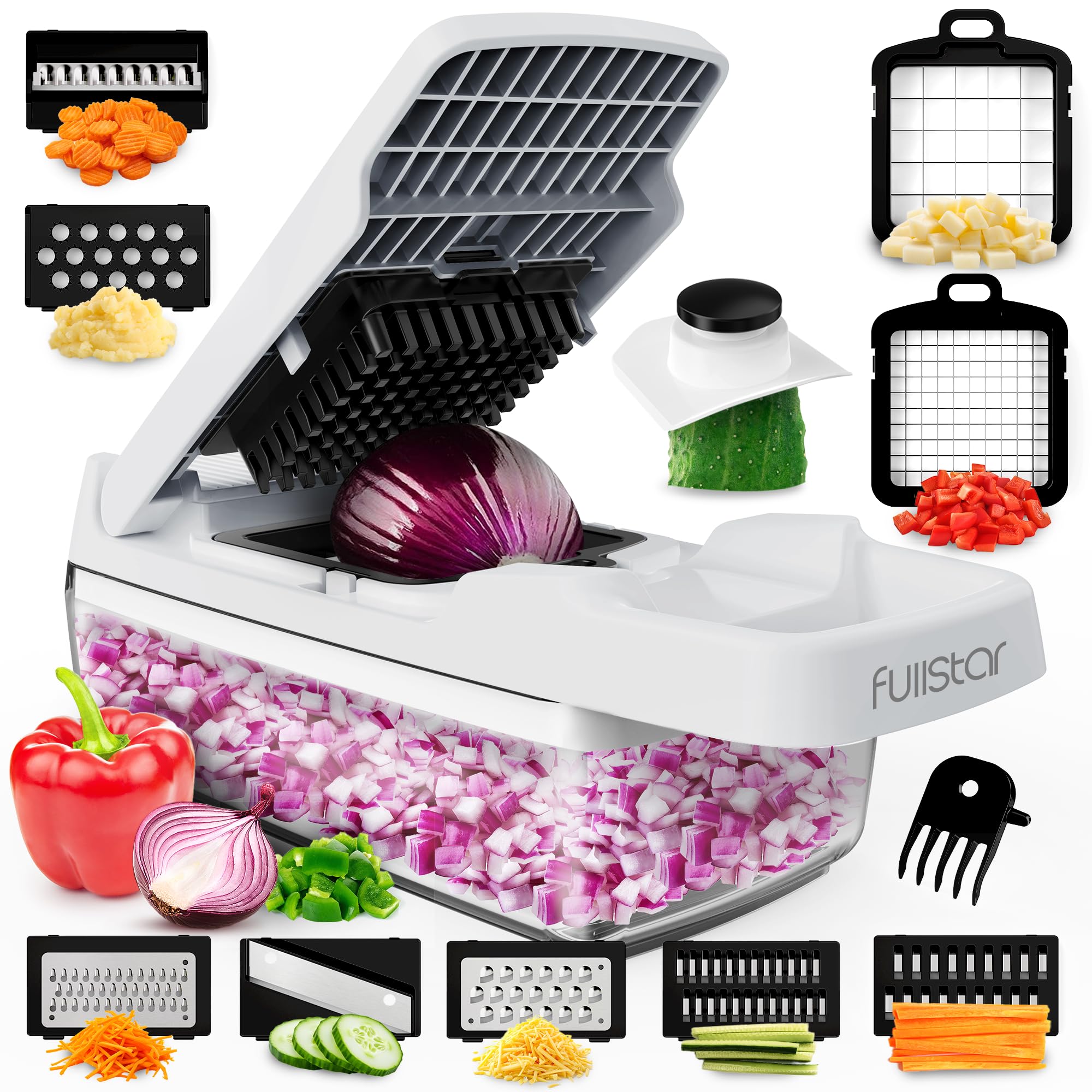 Fullstar 9-in-1 chopper blades showcase versatile cutting for fast meal prep.