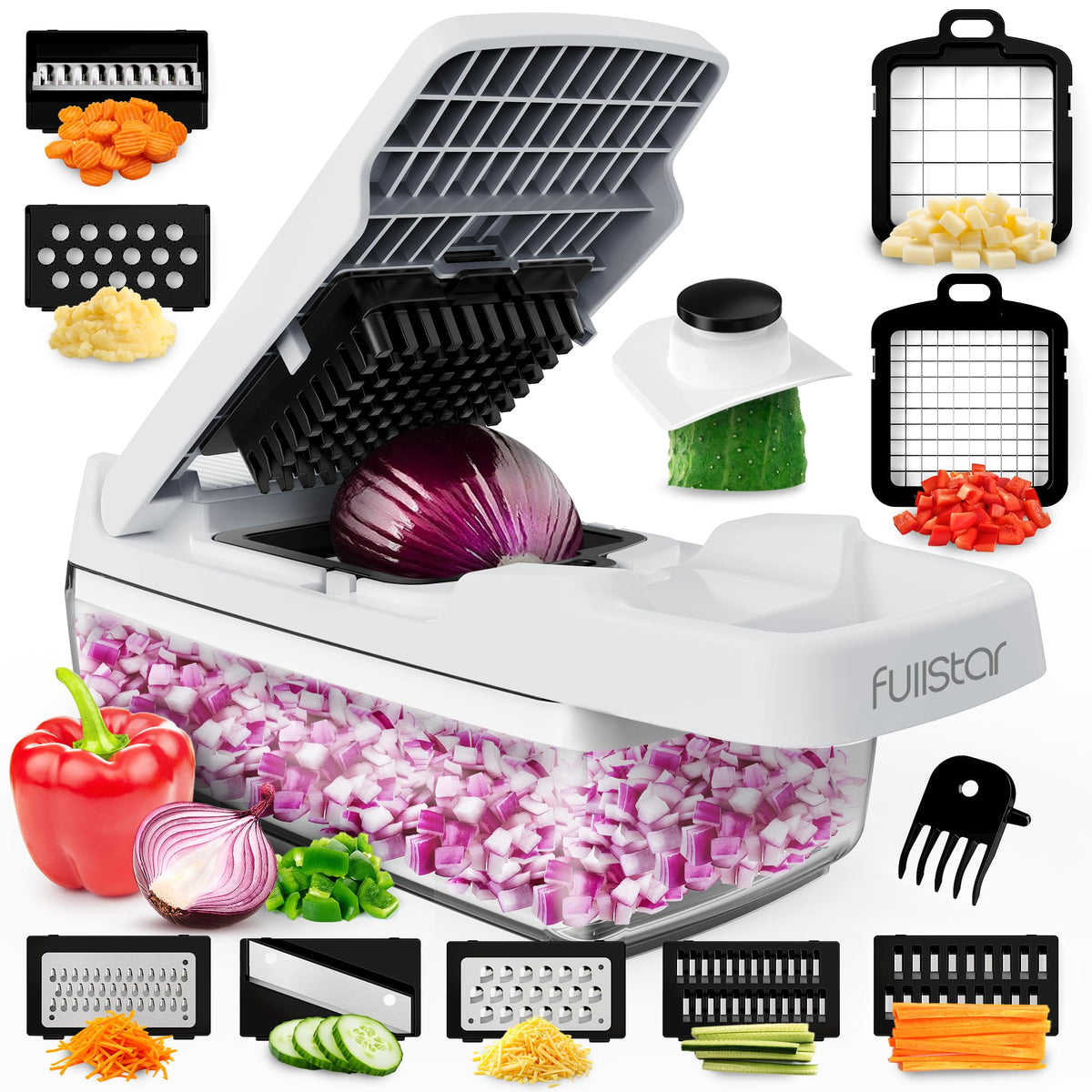 Fullstar 9-in-1 chopper blades showcase versatile cutting for fast meal prep.