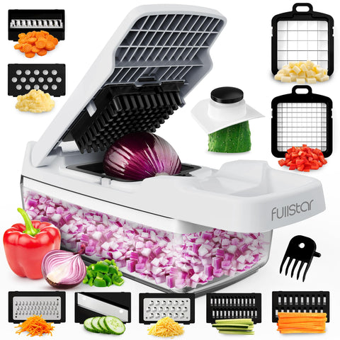 Fullstar 9-in-1 chopper blades showcase versatile cutting for fast meal prep.