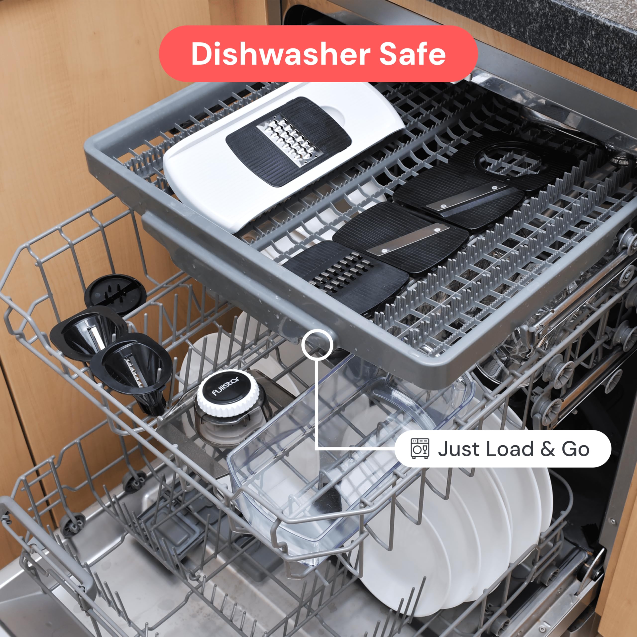 Fullstar built-in catch tray keeps counters tidy during prep