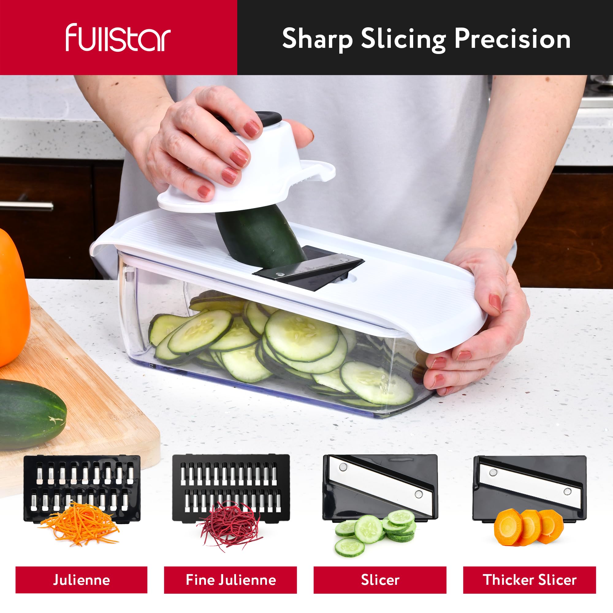 Fullstar large catch container collects ingredients for mess-free prep.