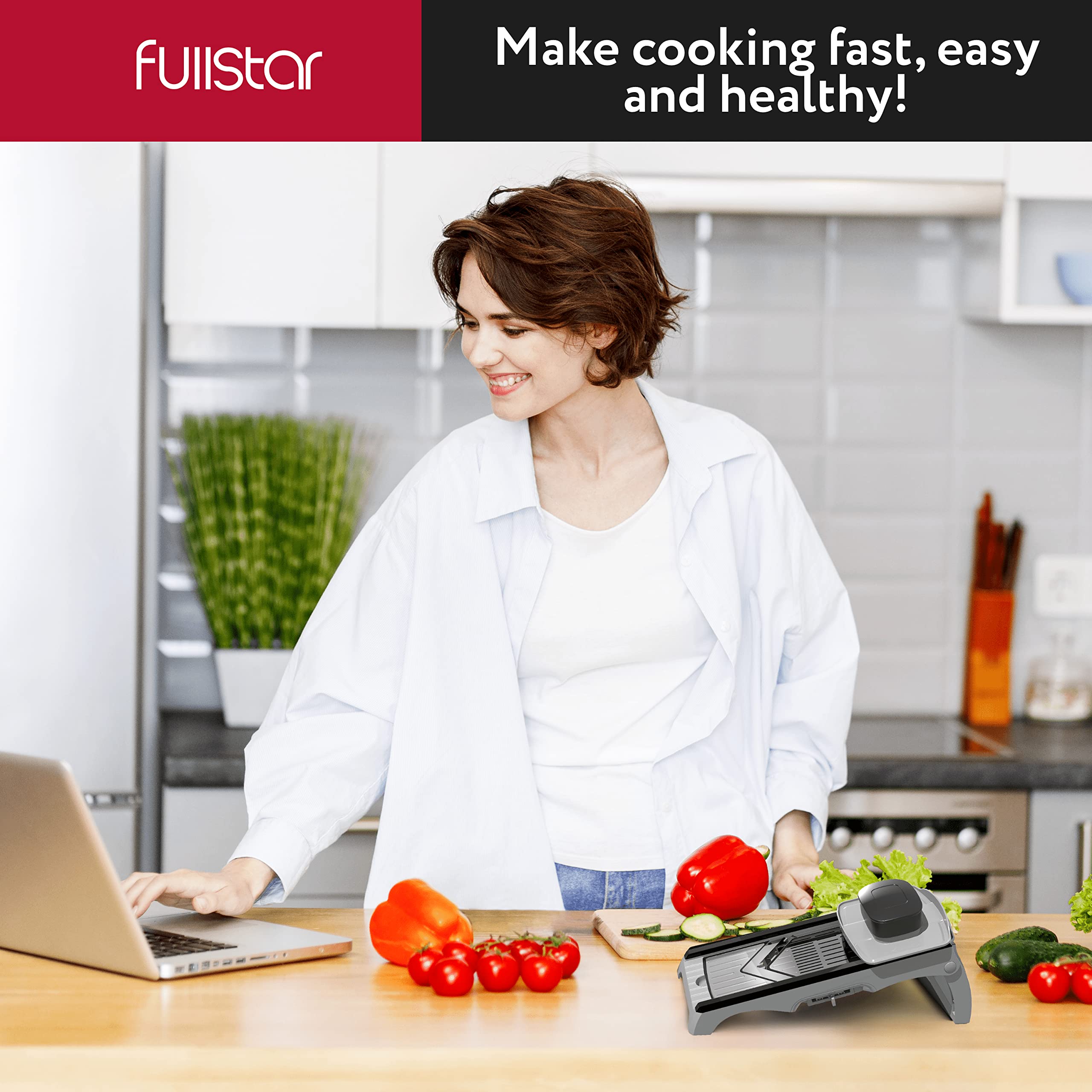 Fullstar mandoline slicer built-in catch tray keeps counters clean.