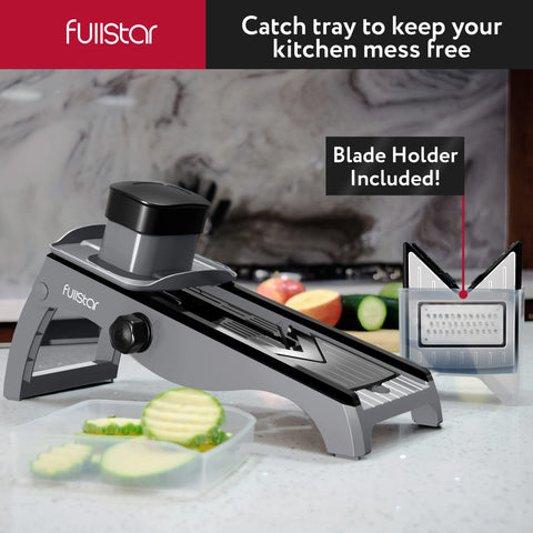 Fullstar mandoline slicer hand guard supports safe, stable slicing.