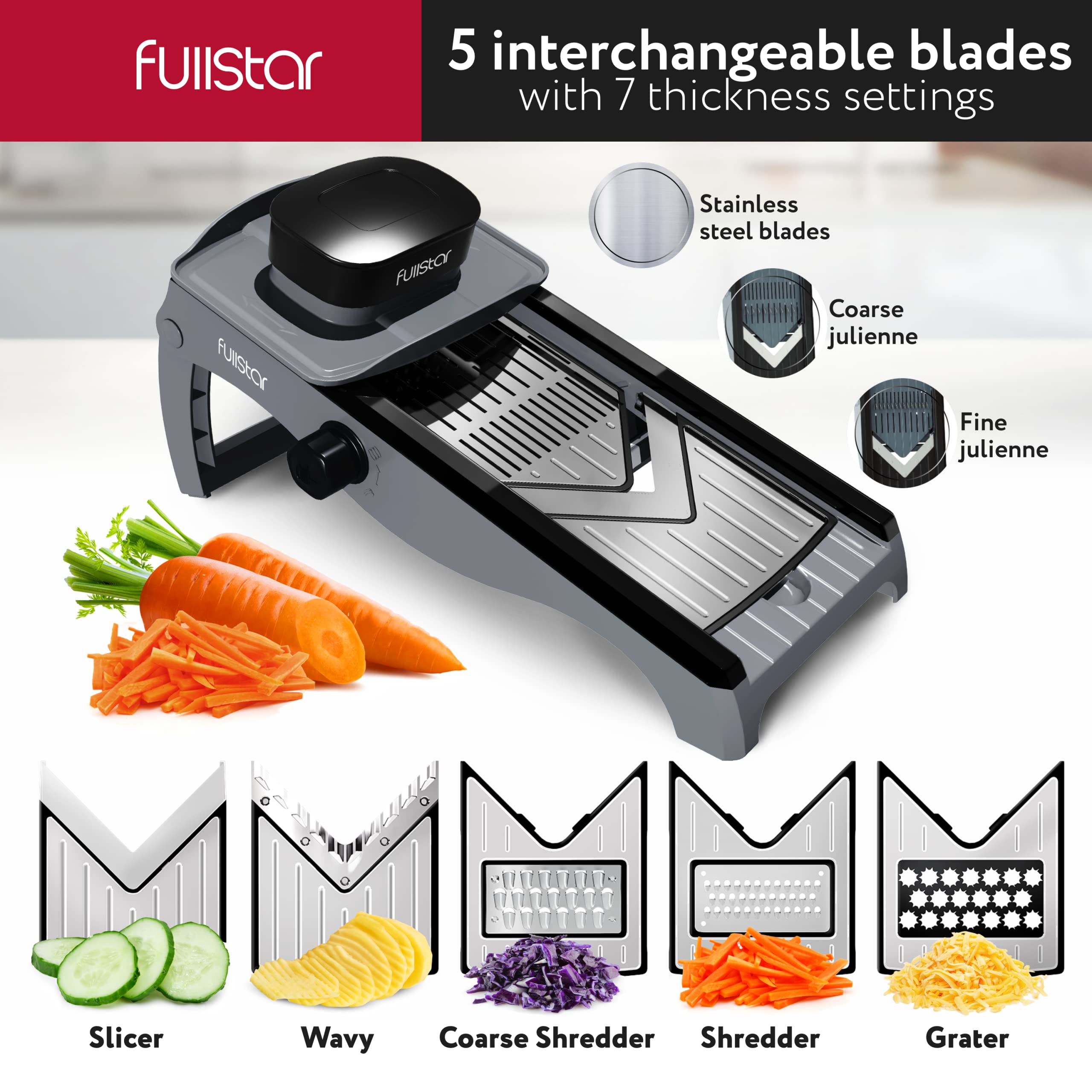 Fullstar mandoline slicer thickness adjustment offers 1–7 mm precision.