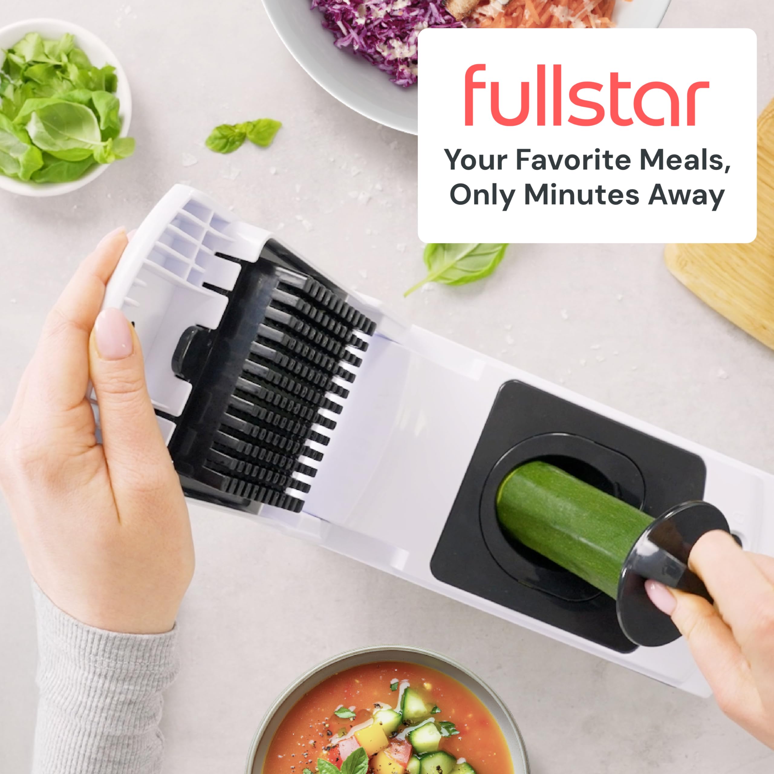 Fullstar Original Pro Chopper in-use with vegetables shows efficient slicing.