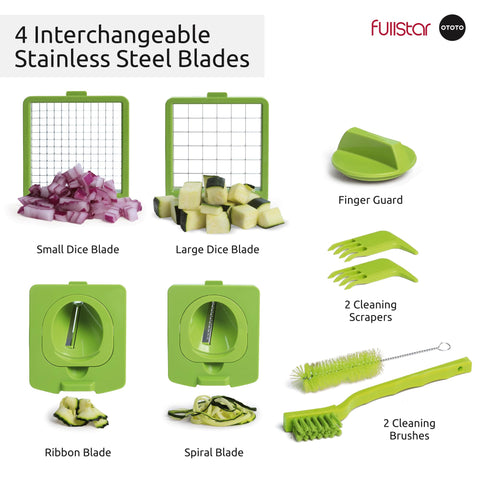 Five interchangeable blades enable slicing, dicing, and grating with ease.