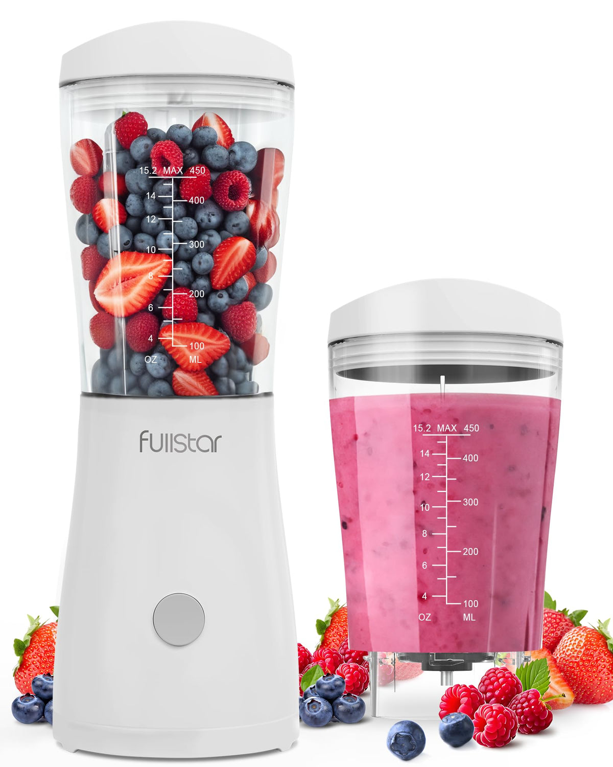 Fullstar portable blender with white cup on the go for fresh smoothies.