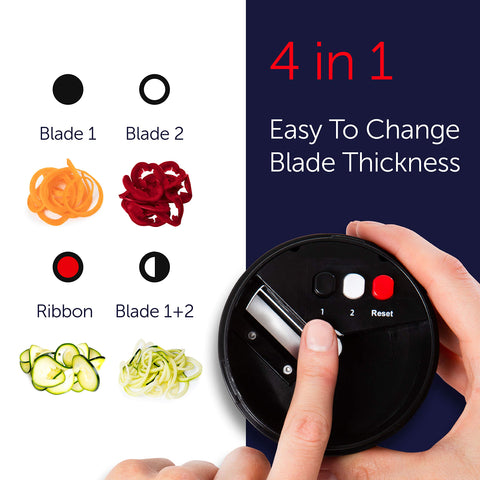 Fullstar precision cut options enable thick spirals and thin noodles.