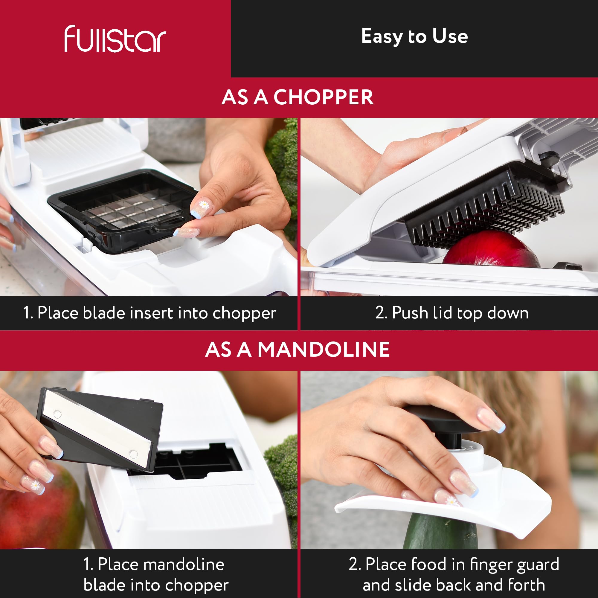Fullstar direct-to-tray cutting minimizes mess during prep.