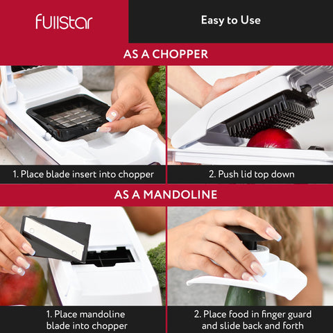 Fullstar direct-to-tray cutting minimizes mess during prep.
