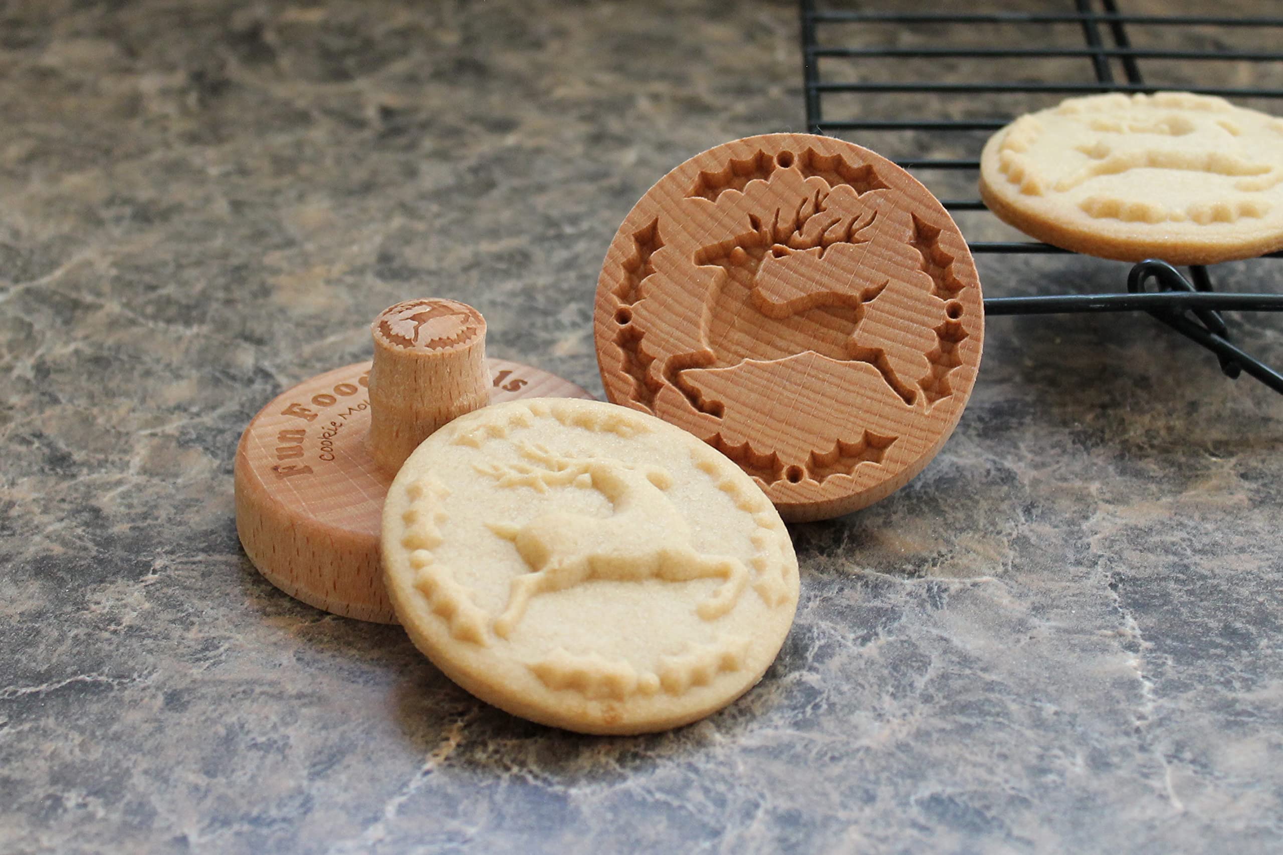 Wood grain and bevel aid easy release for cookie dough with Fun Food Tools.