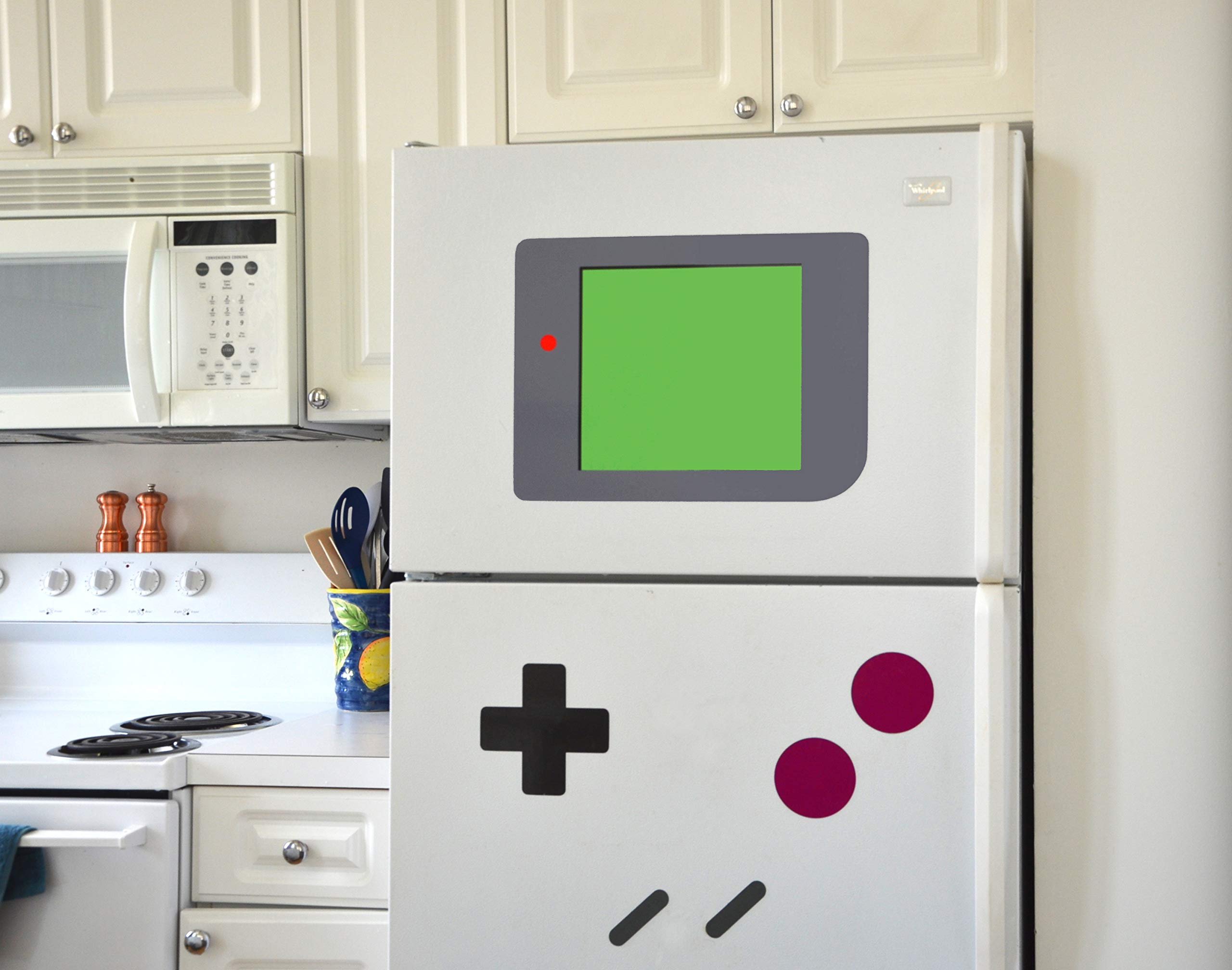 Fun Fridges FridgeBoy B button magnet adds retro arcade vibe.