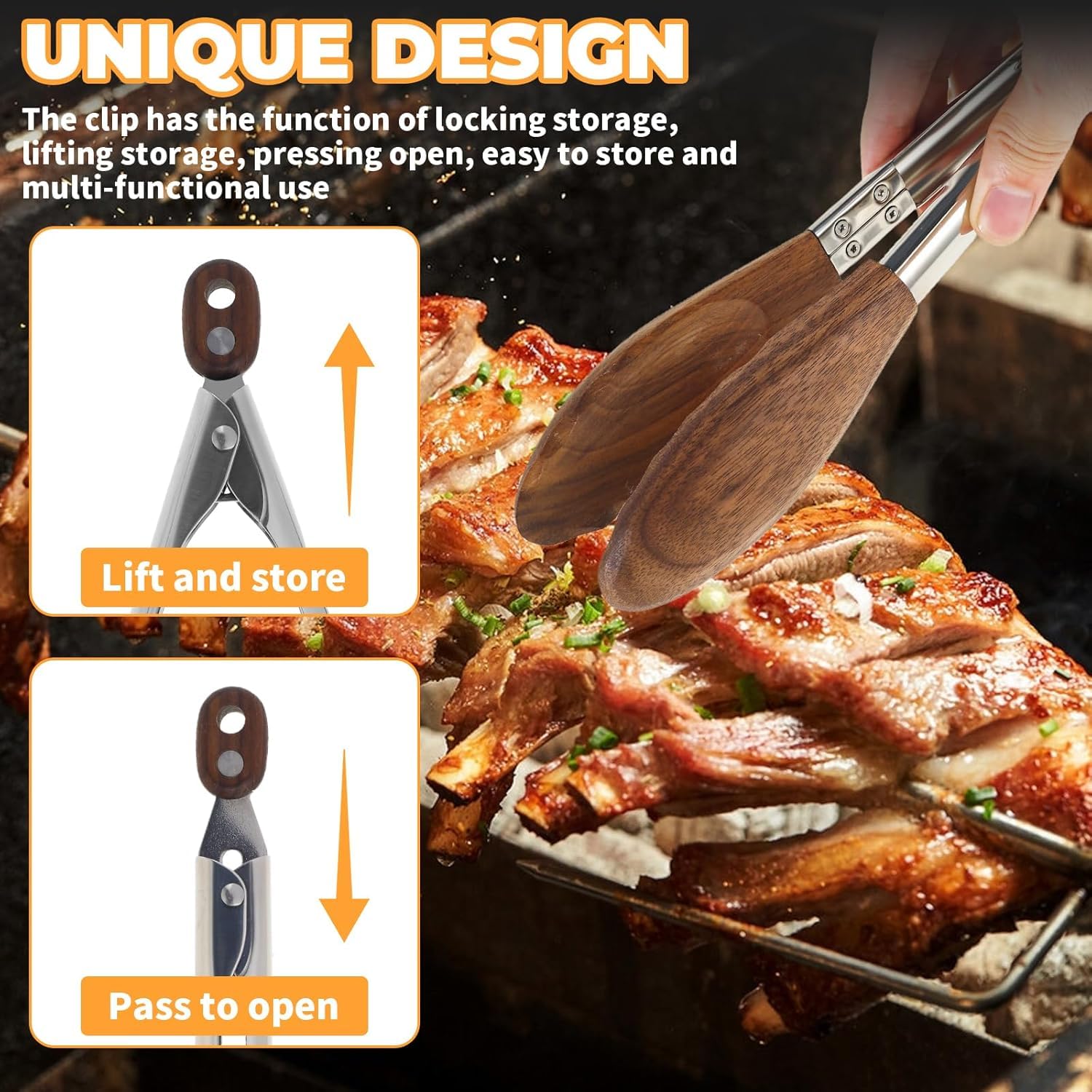 FunApricity stainless steel tongs with walnut tip for durability