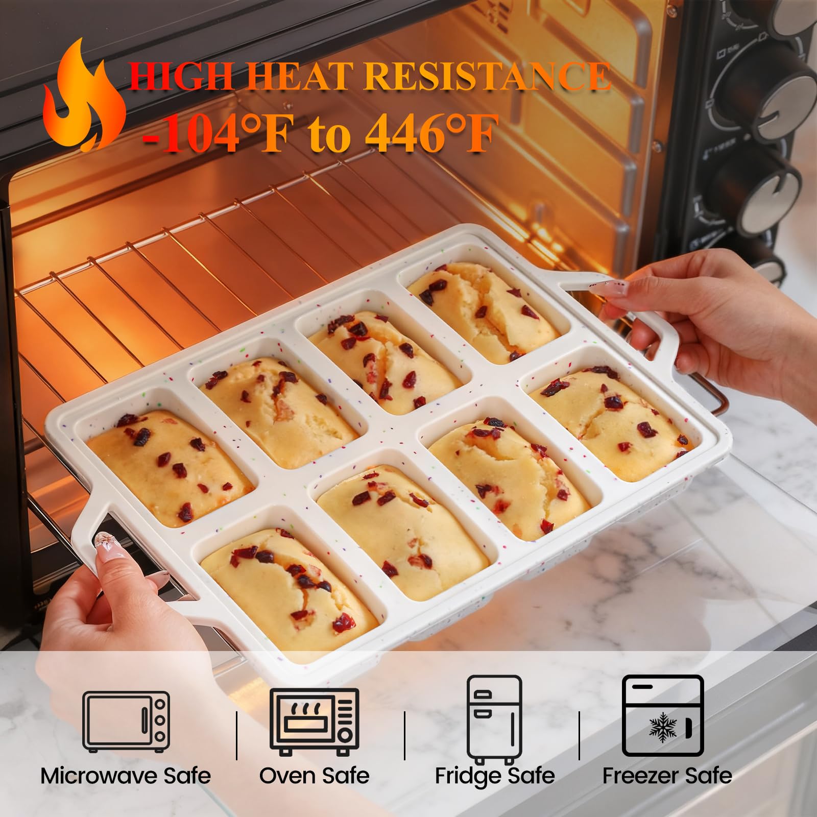 FUNBAKY eight mini loaves bake evenly in this compact silicone pan.