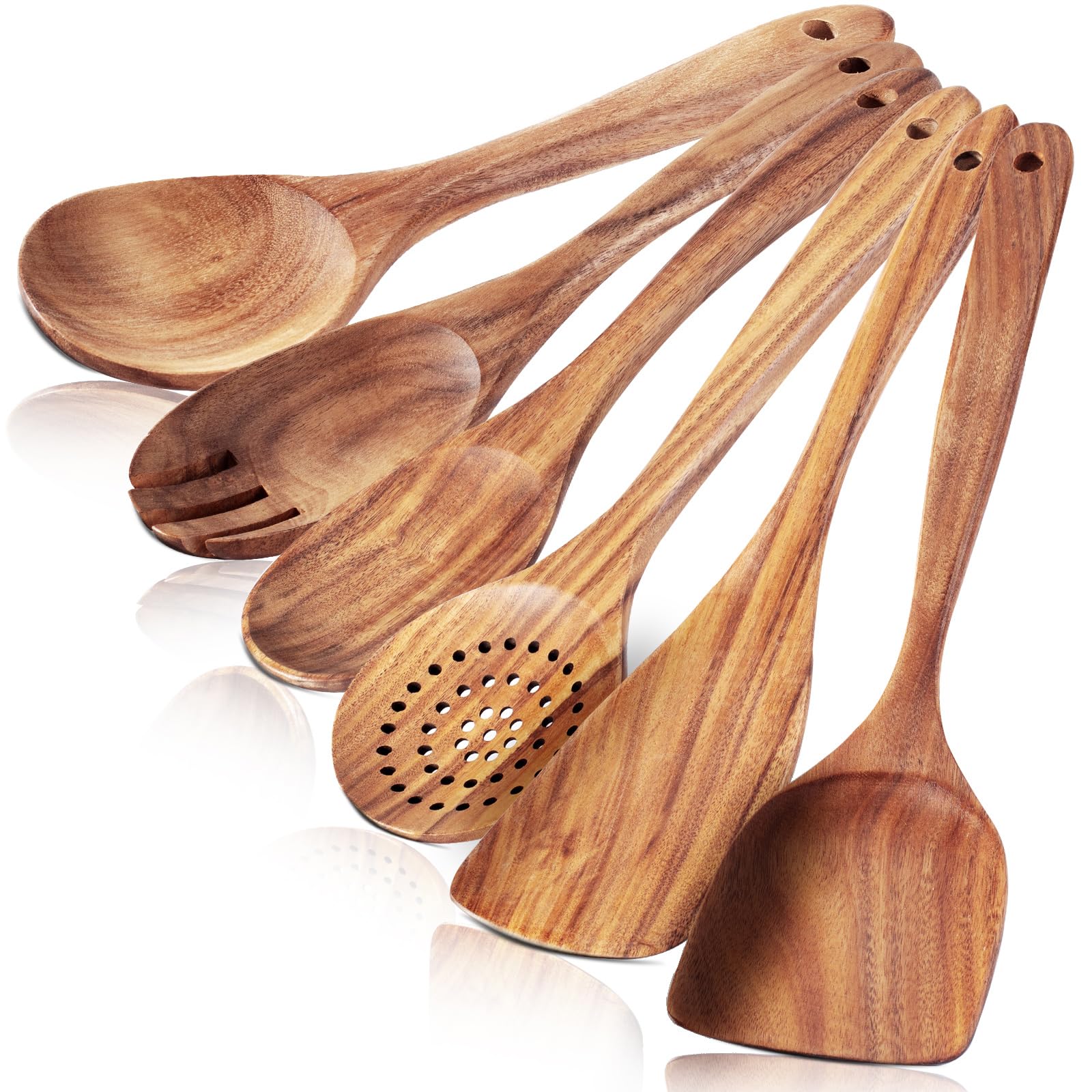 FunCee 6-pack wooden spoons with heat-resistant teak for cooking and serving.