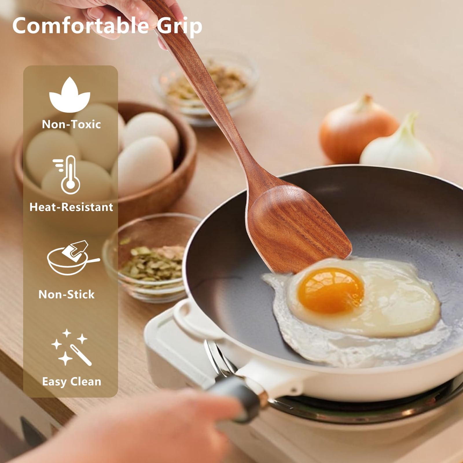FunCee teak wood spatula with a comfort grip for easy stirring.