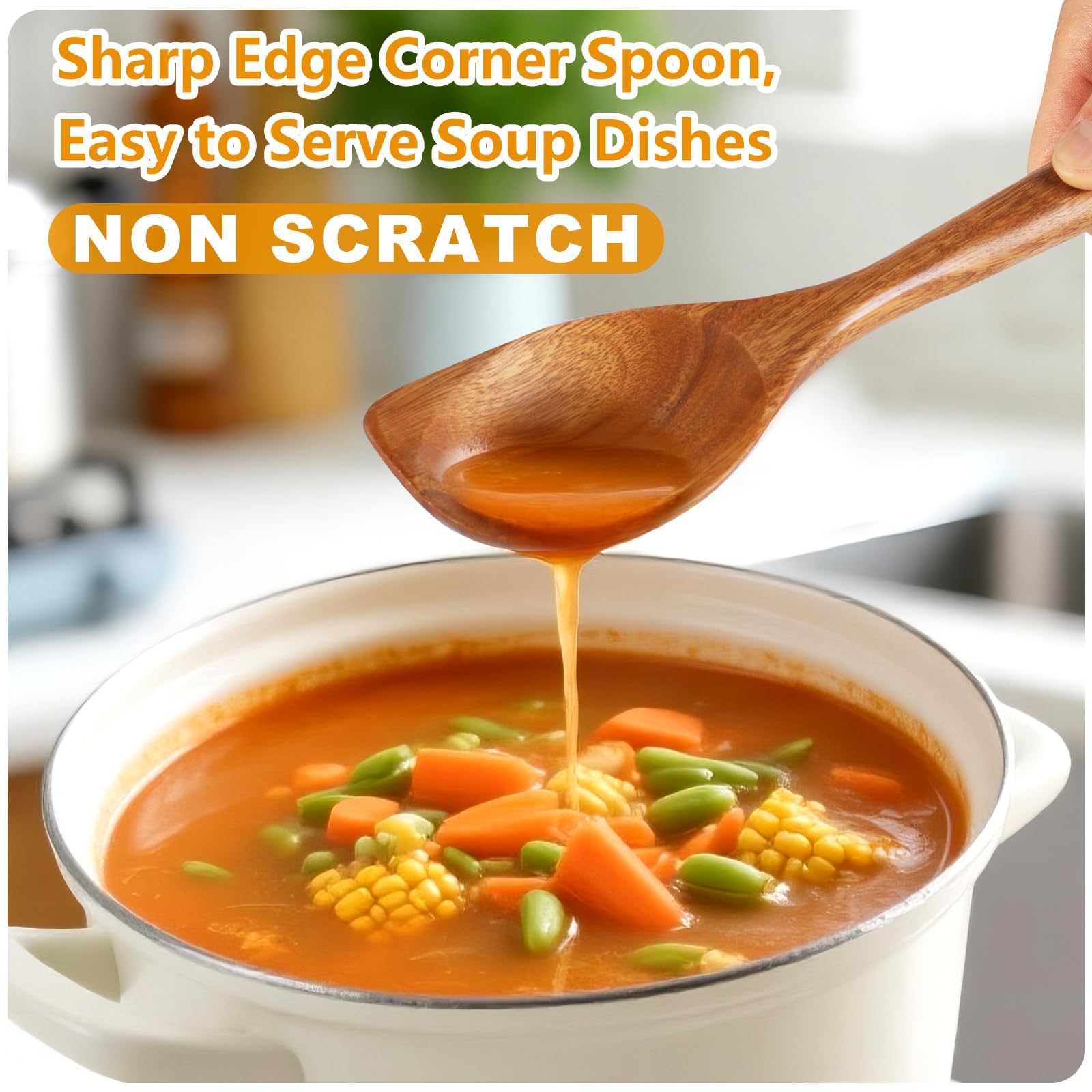 Teak wooden spoon gliding smoothly on non-stick cookware without scratches.