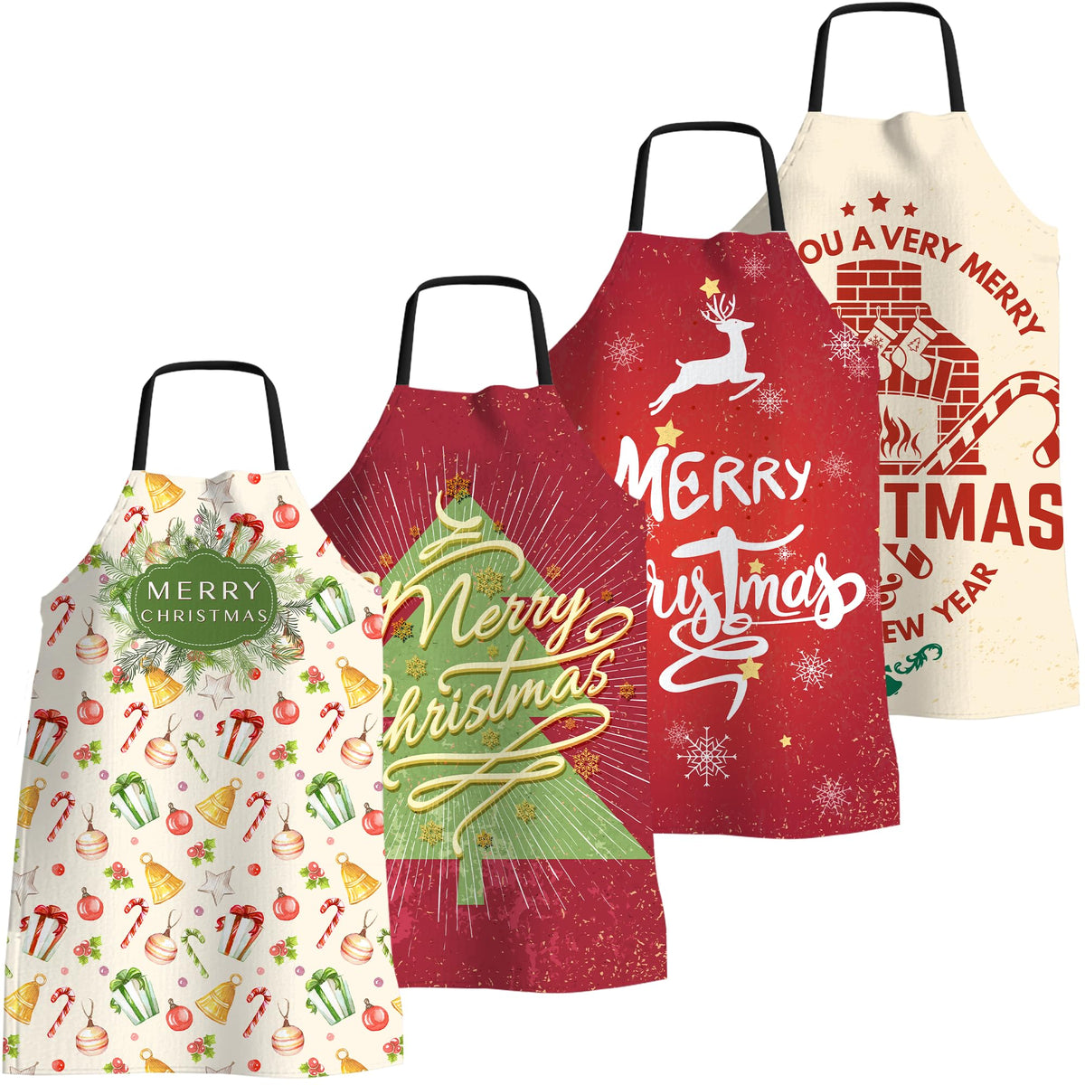 FunChaos Christmas aprons four-pack front view for festive cooking
