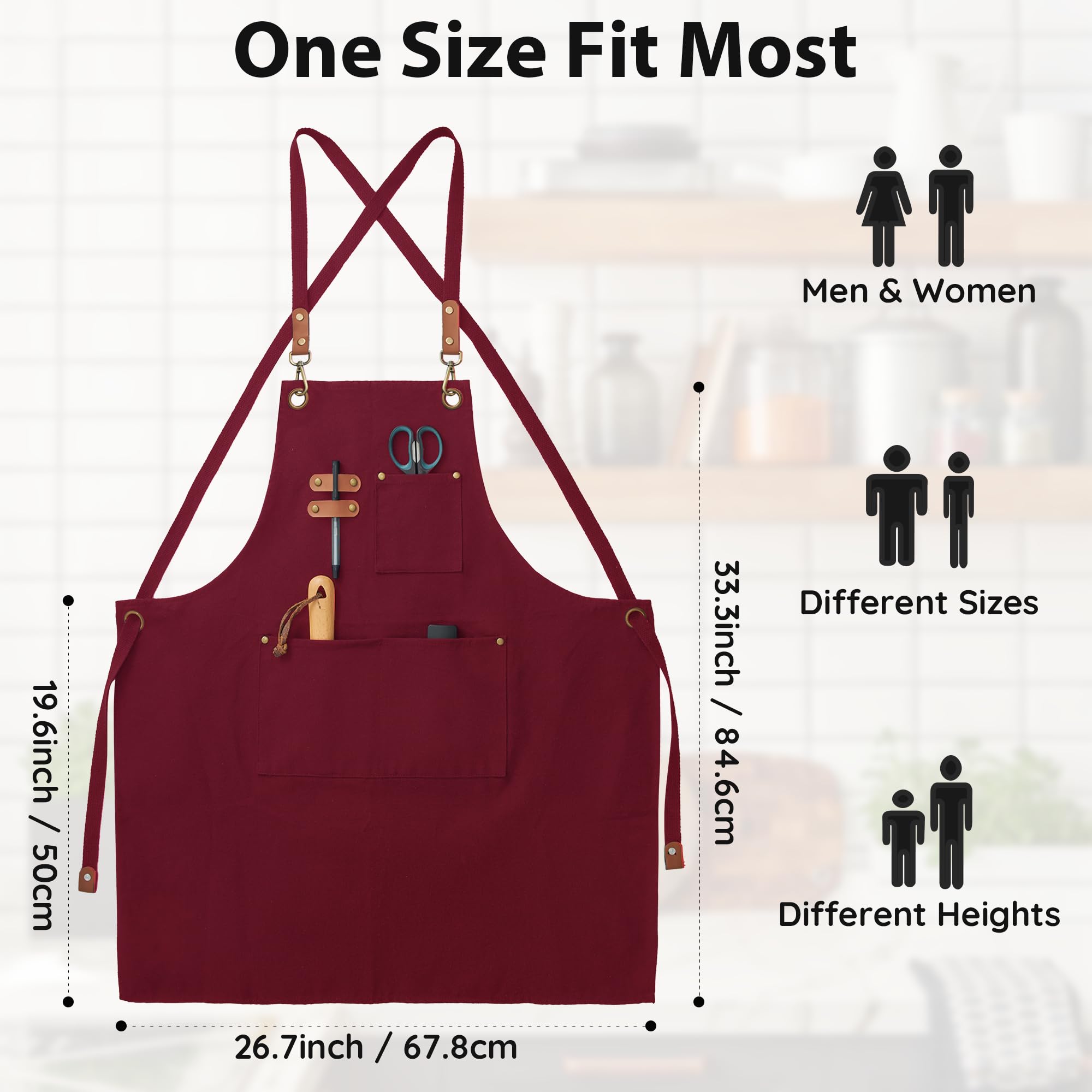 FunChaos model wearing apron illustrates comfortable fit and full coverage in kitchen tasks