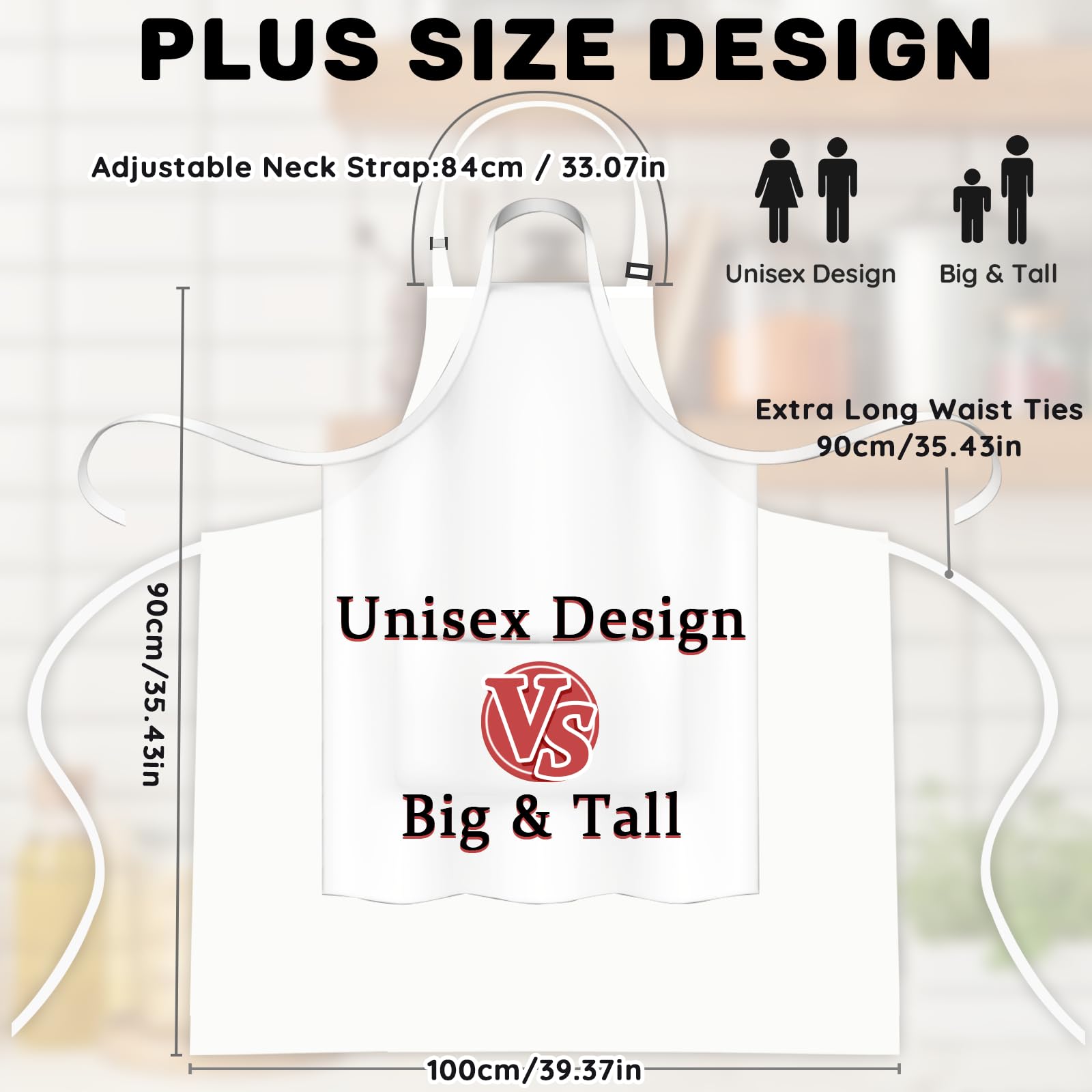 FunChaos plus-size white apron two pockets close-up for easy utensil access.
