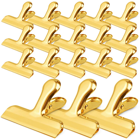 Funfery 24-pack stainless steel gold chip clips sealing bags to keep snacks fresh.