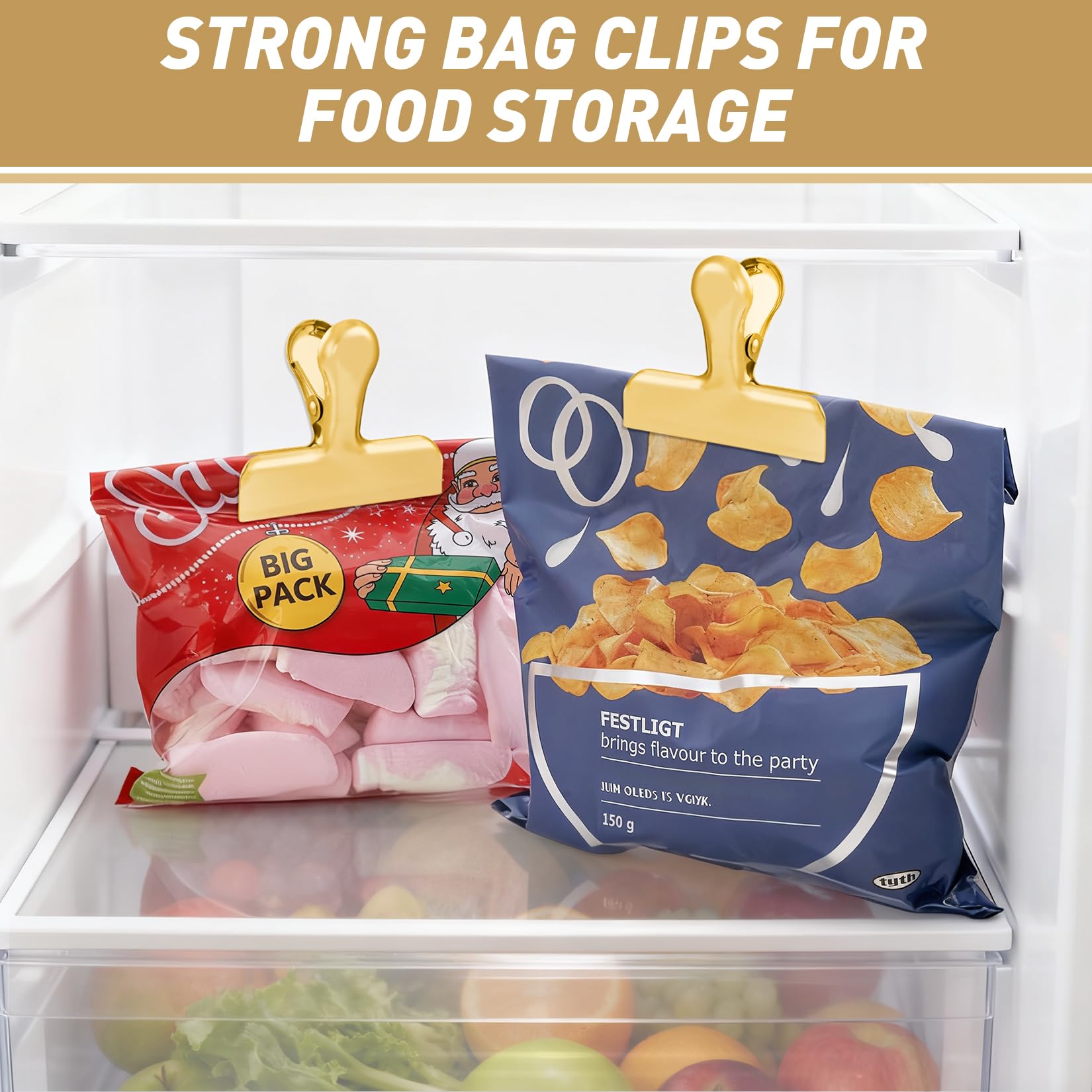 Funfery fridge-friendly clip helps organize snack bags in the refrigerator.