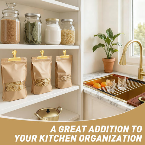 Funfery strong-spring gold bag clip secures large bags efficiently.