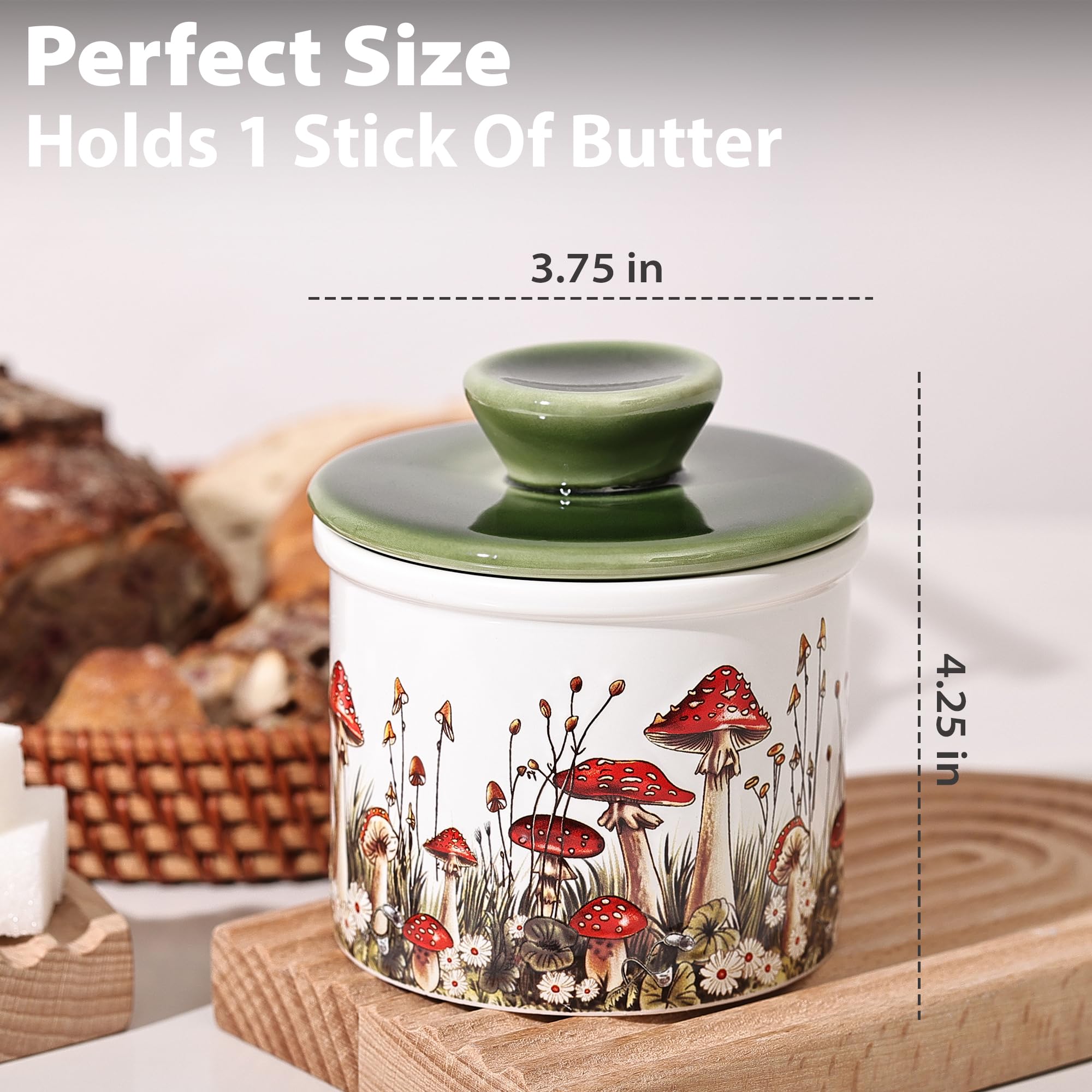 Fungi Fun ceramic French butter dish adds whimsy while preserving spreadable butter.