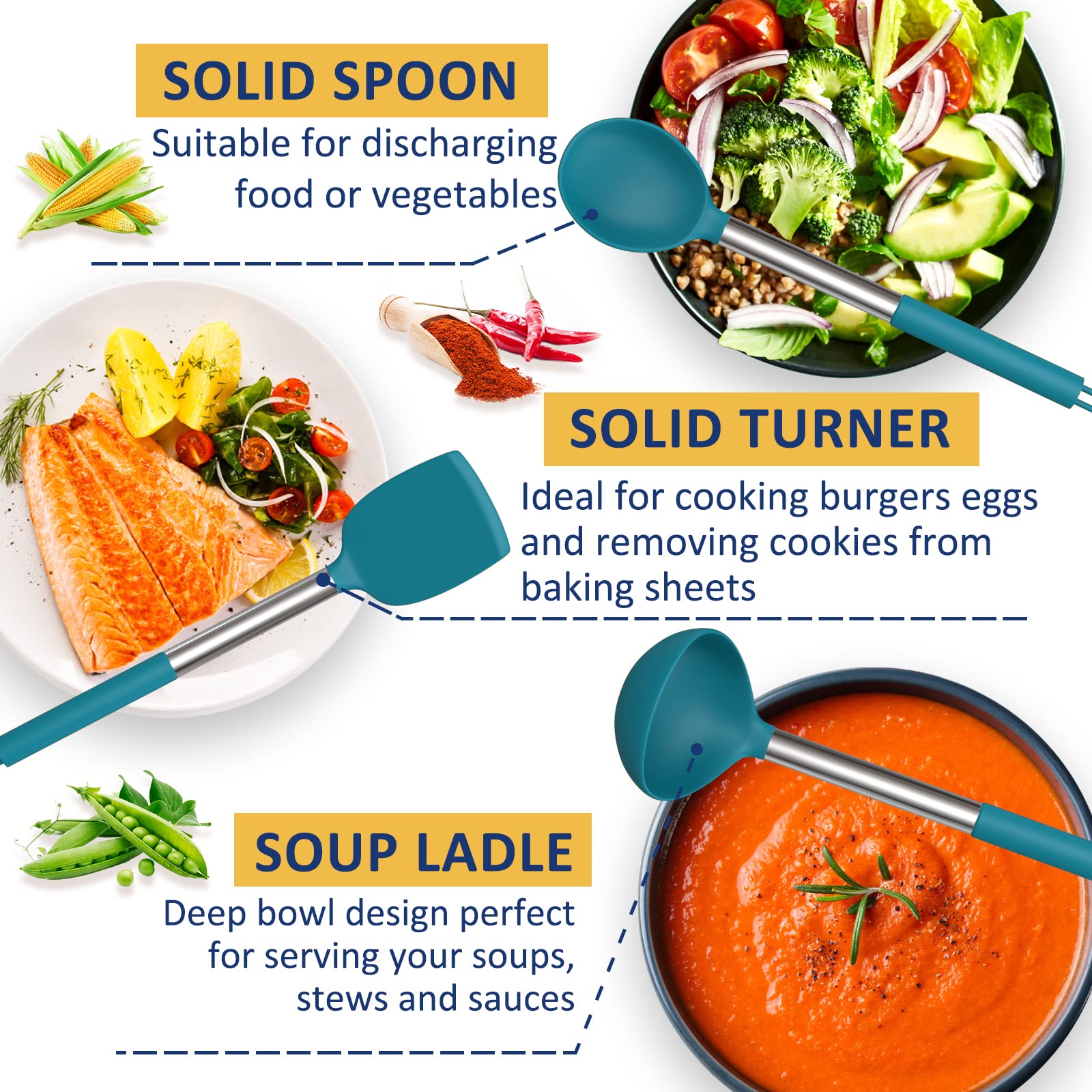 Fungun heat-resistant silicone heads protect cookware from scratches.