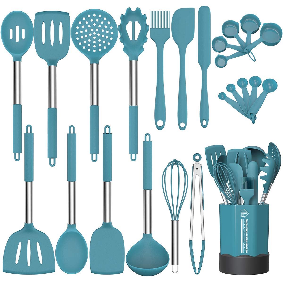 Fungun silicone cooking utensils set on a stand for durable heat resistance.